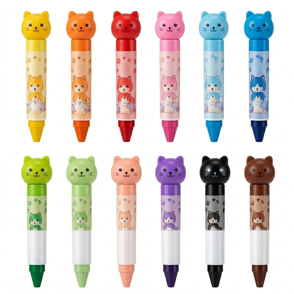 Ztiixyolb™ Cozy Cat Capped Crayons – Individually Wrapped Wax Crayon Set, Cute Cat Cap Coloring Supplies for Drawing, Crafts & Creative Projects