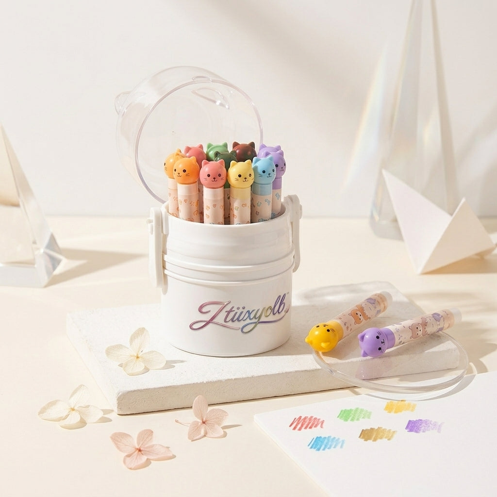 Ztiixyolb™ Cozy Cat Capped Crayons – Individually Wrapped Wax Crayon Set, Cute Cat Cap Coloring Supplies for Drawing, Crafts & Creative Projects