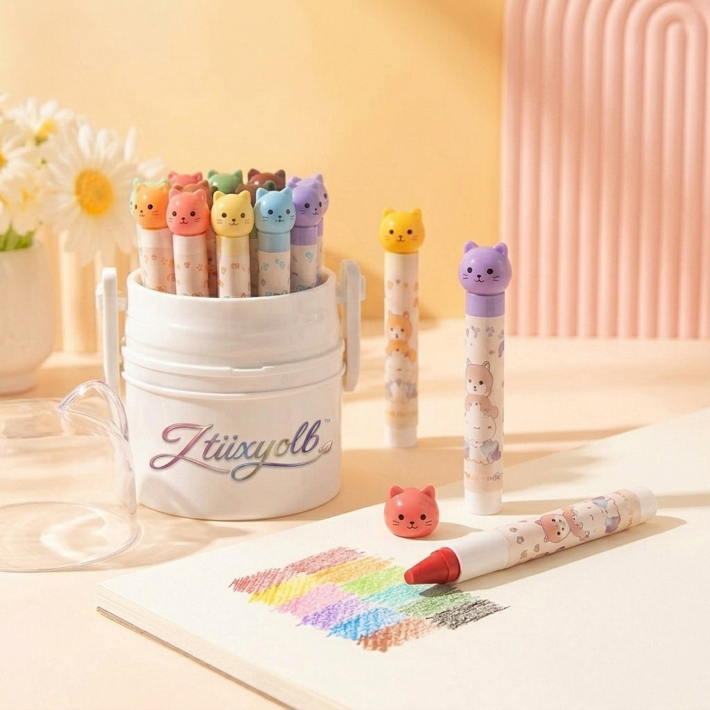 Ztiixyolb™ Cozy Cat Capped Crayons – Individually Wrapped Wax Crayon Set, Cute Cat Cap Coloring Supplies for Drawing, Crafts & Creative Projects