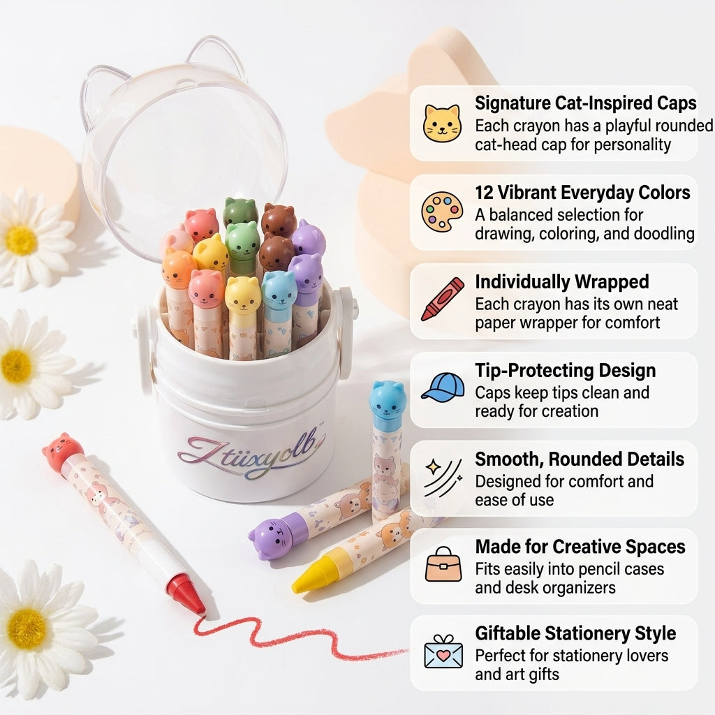 Ztiixyolb™ Cozy Cat Capped Crayons – Individually Wrapped Wax Crayon Set, Cute Cat Cap Coloring Supplies for Drawing, Crafts & Creative Projects