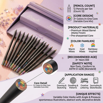 Ztiixyolb™ PrismMix Multicolor Core Pencils – 3+ Colors-in-One Rainbow Colored Pencil Set for Drawing, Doodling, Lettering & Creative Sketching