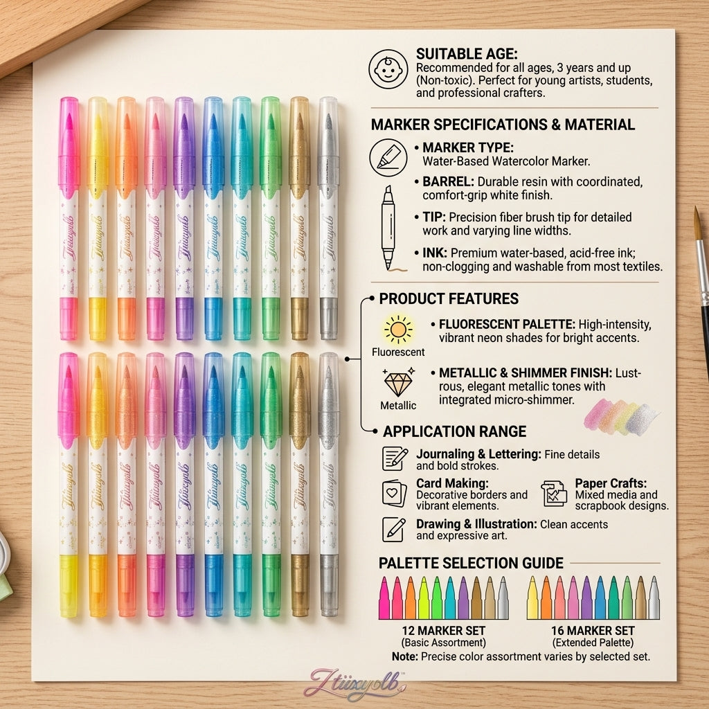 Ztiixyolb™ Watercolor Markers – Fluorescent & Metallic Shimmer Art Marker Set for Drawing, Lettering, Journaling & Creative Paper Crafts