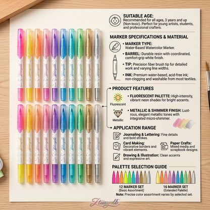 Ztiixyolb™ Watercolor Markers – Fluorescent & Metallic Shimmer Art Marker Set for Drawing, Lettering, Journaling & Creative Paper Crafts